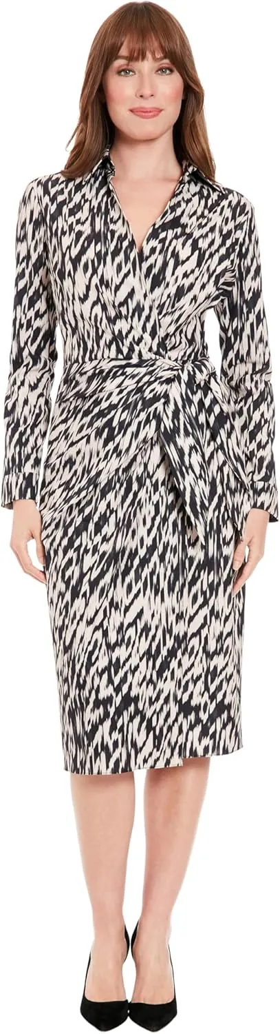 London Times Women's Faux Wrap Side Tie Long Sleeve Midi Dress