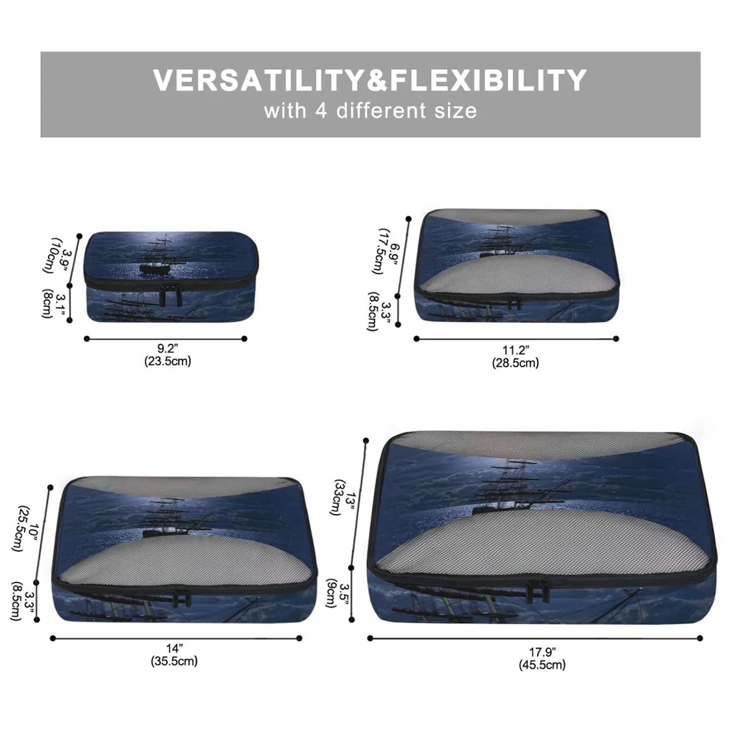 Lonely Sailboat in the Sea Against Full Moon Cloud Dark Blue 4 Set Packing Cubes, Travel Packing Organizers, 600D Oxford Cloth Toiletry Storage Bag, Luggage Mesh Bags for Accessories