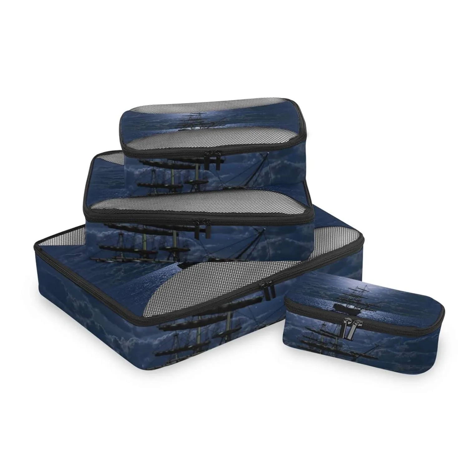 Lonely Sailboat in the Sea Against Full Moon Cloud Dark Blue 4 Set Packing Cubes, Travel Packing Organizers, 600D Oxford Cloth Toiletry Storage Bag, Luggage Mesh Bags for Accessories