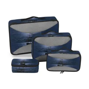 Lonely Sailboat in the Sea Against Full Moon Cloud Dark Blue 4 Set Packing Cubes, Travel Packing Organizers, 600D Oxford Cloth Toiletry Storage Bag, Luggage Mesh Bags for Accessories