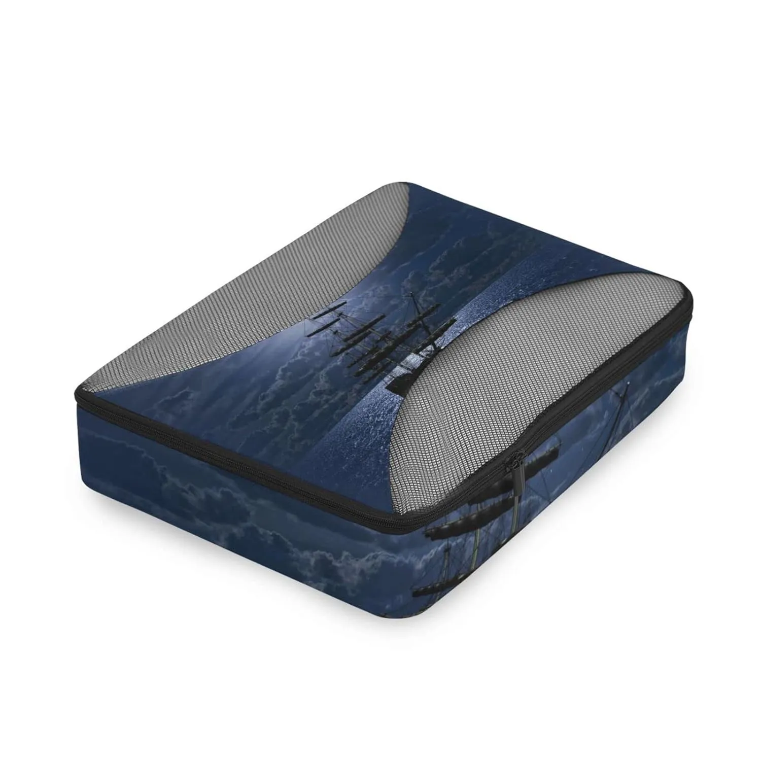 Lonely Sailboat in the Sea Against Full Moon Cloud Dark Blue 4 Set Packing Cubes, Travel Packing Organizers, 600D Oxford Cloth Toiletry Storage Bag, Luggage Mesh Bags for Accessories