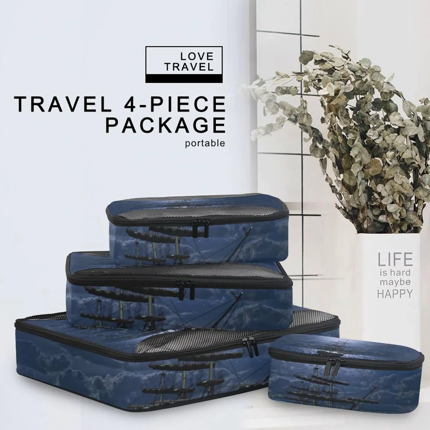 Lonely Sailboat in the Sea Against Full Moon Cloud Dark Blue 4 Set Packing Cubes, Travel Packing Organizers, 600D Oxford Cloth Toiletry Storage Bag, Luggage Mesh Bags for Accessories