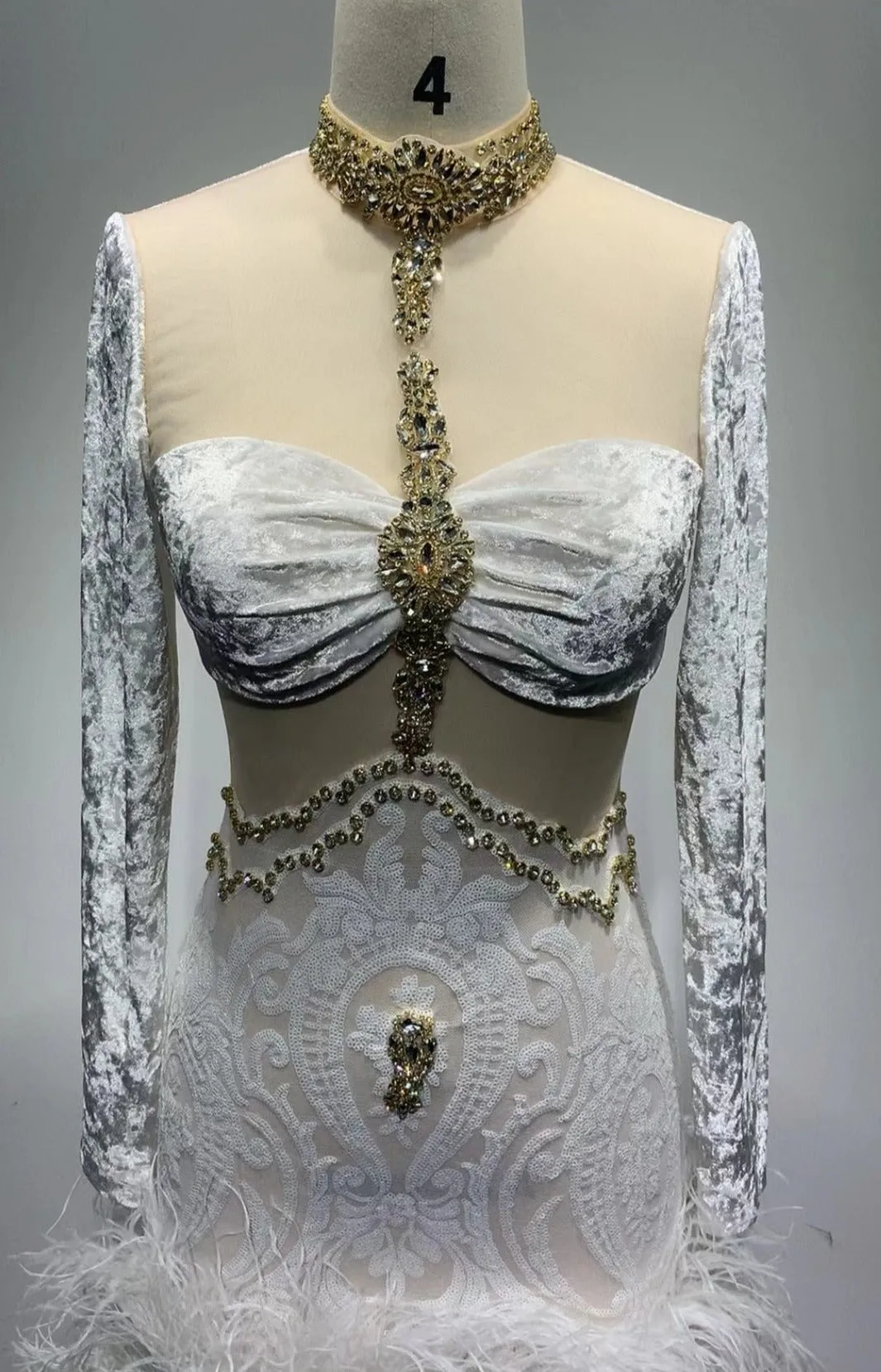 Long Sleeve Crystal Feather White Dress