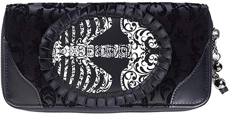 Lost Queen Goth Steampunk Flocked Ribcage Skeleton Cameo Zip Around Wallet