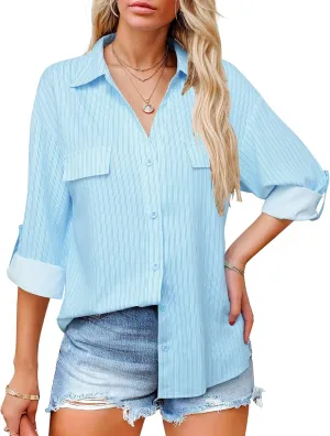 Lotusmile Women's Dressy Lapel Button Down Shirts for Work Office Business Casual Chiffon Blouse Tops