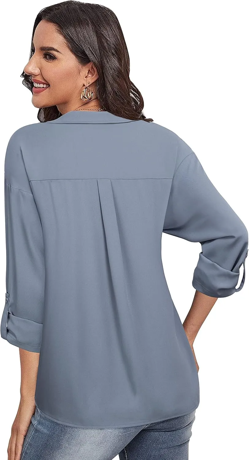 Lotusmile Women's Dressy Lapel Button Down Shirts for Work Office Business Casual Chiffon Blouse Tops