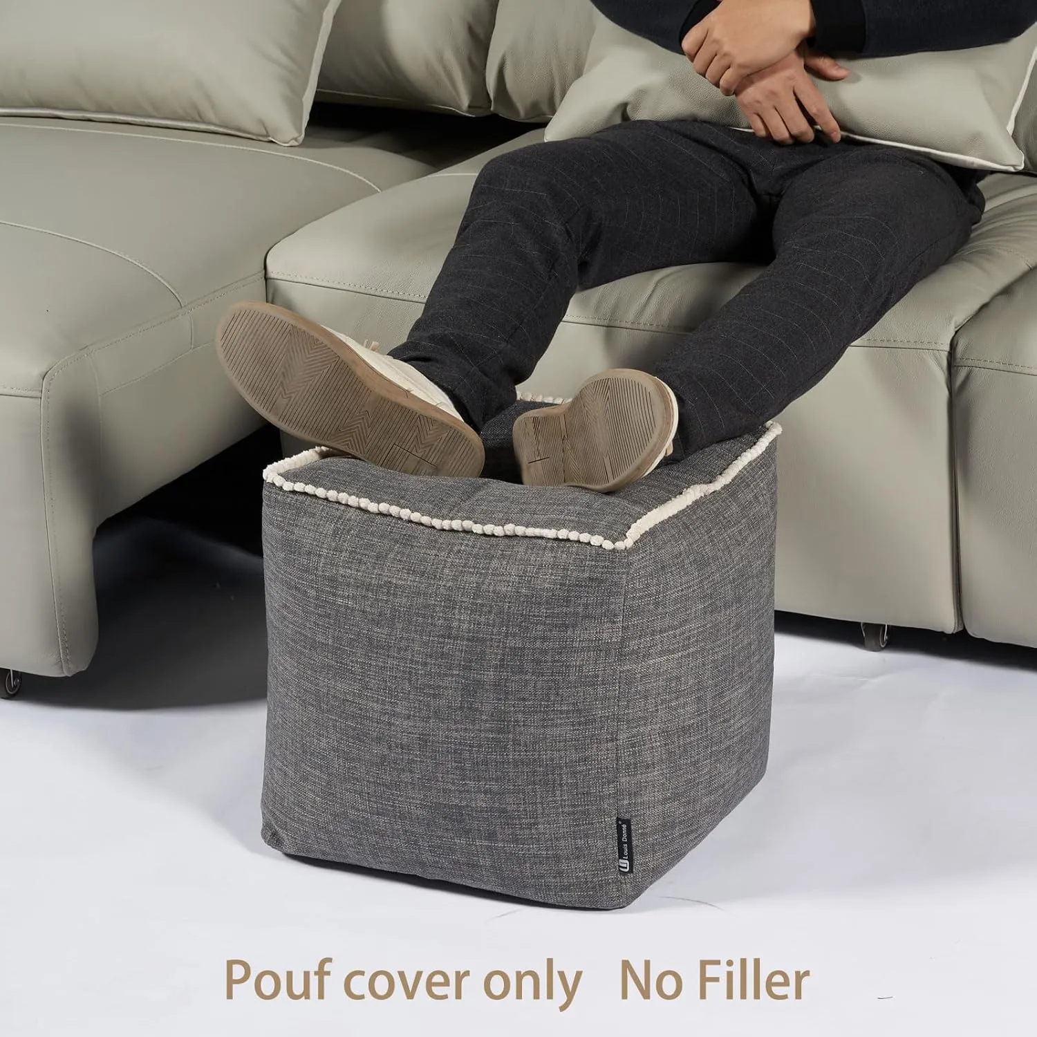 Louis Donné Unstuffed Pouf Cover Ottoman Cover Footstool Cover Gray Cottom Fabric for Storage, Decorative Washable Pouf Footstool with Trim Lace for Living Room House Warming Gifts(Only Cover)