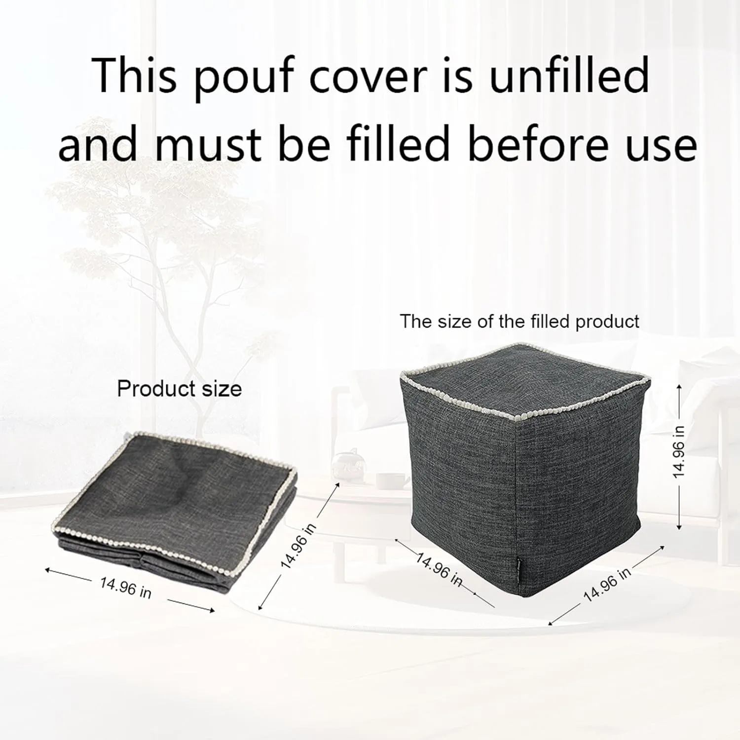 Louis Donné Unstuffed Pouf Cover Ottoman Cover Footstool Cover Gray Cottom Fabric for Storage, Decorative Washable Pouf Footstool with Trim Lace for Living Room House Warming Gifts(Only Cover)