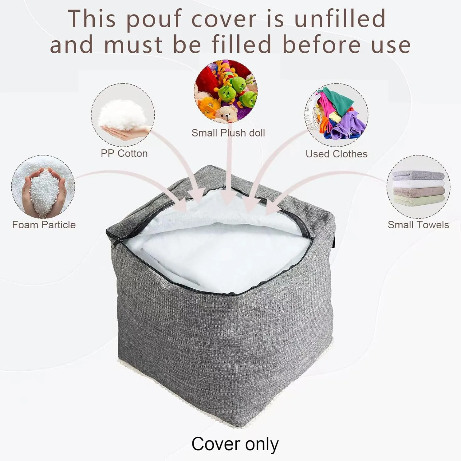 Louis Donné Unstuffed Pouf Cover Ottoman Cover Footstool Cover Gray Cottom Fabric for Storage, Decorative Washable Pouf Footstool with Trim Lace for Living Room House Warming Gifts(Only Cover)