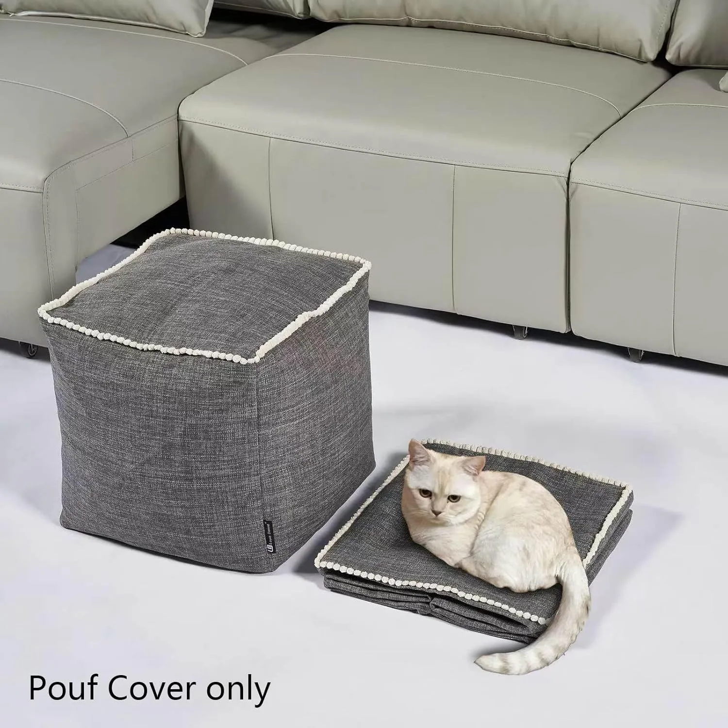 Louis Donné Unstuffed Pouf Cover Ottoman Cover Footstool Cover Gray Cottom Fabric for Storage, Decorative Washable Pouf Footstool with Trim Lace for Living Room House Warming Gifts(Only Cover)
