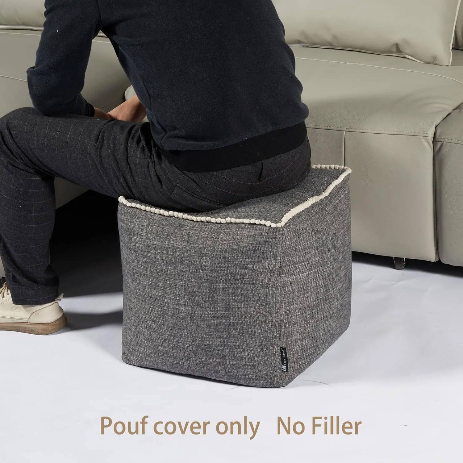 Louis Donné Unstuffed Pouf Cover Ottoman Cover Footstool Cover Gray Cottom Fabric for Storage, Decorative Washable Pouf Footstool with Trim Lace for Living Room House Warming Gifts(Only Cover)