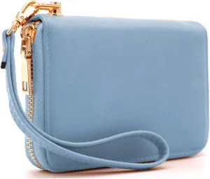 LOVESOME Womens Small Zip Around, Double Zip Around - Double Compartment Wristlet Wallet with Wrist Strap