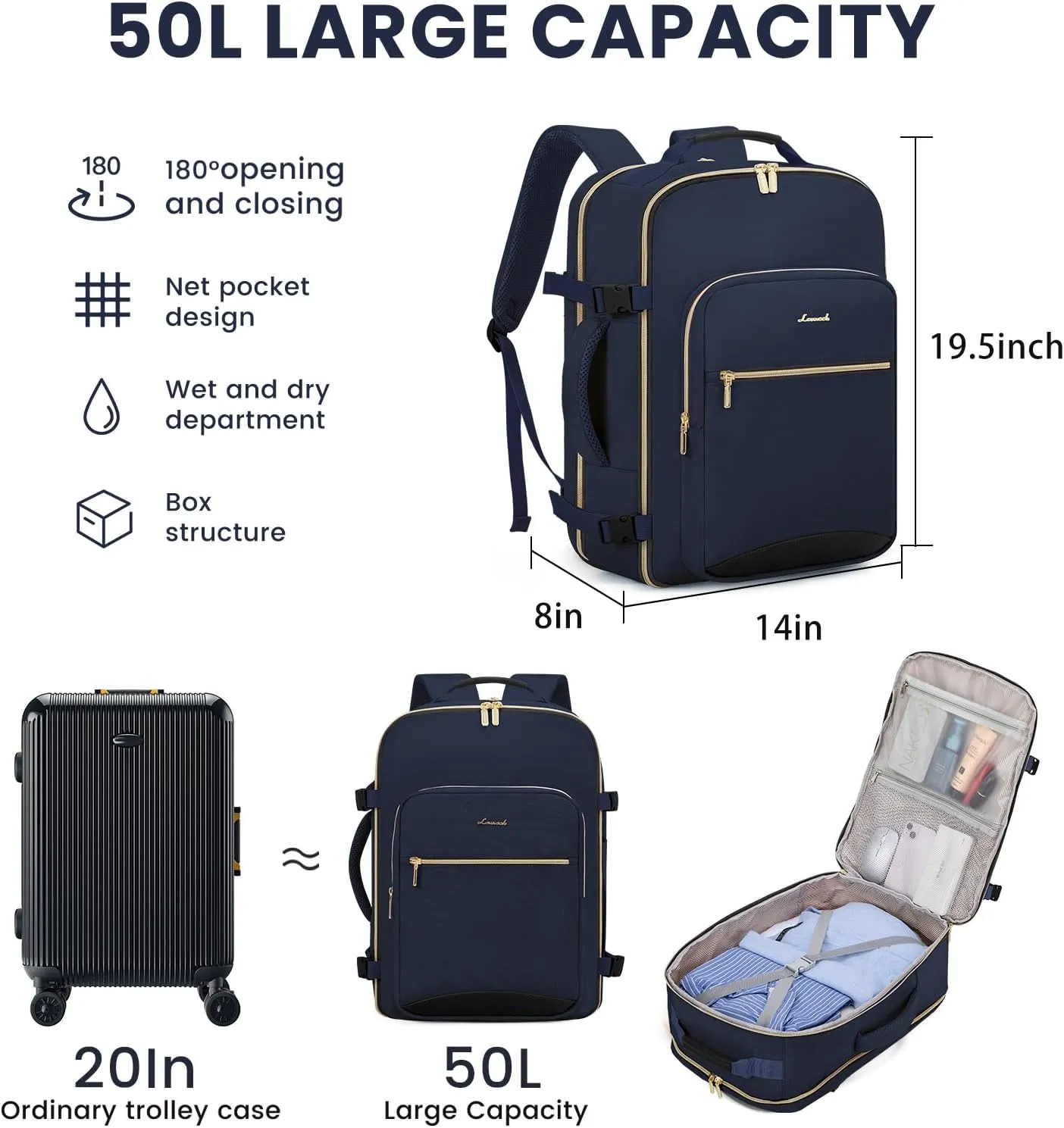 LOVEVOOK 50L Large Travel Backpack for Women Men Fits 17 Inch Laptop, Carry on Backpack for Traveling on Airplane, Personal Item Bag Airline Approved, Business Causal Weekender Backpacks