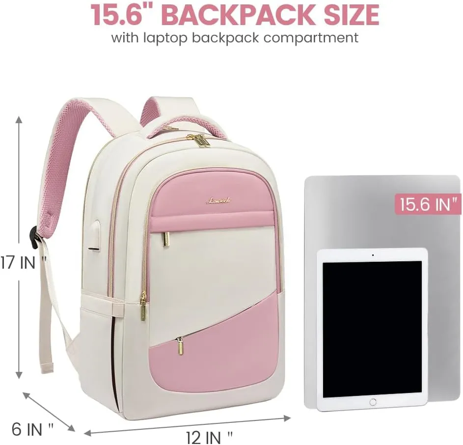 LOVEVOOK Laptop Backpack for Women,15.6 Inch College Travel Work Copmputer Backpack,Backpacks with USB Port,Waterproof Back Pack with Laptop Compartment for Teacher Nurse,White-Pink
