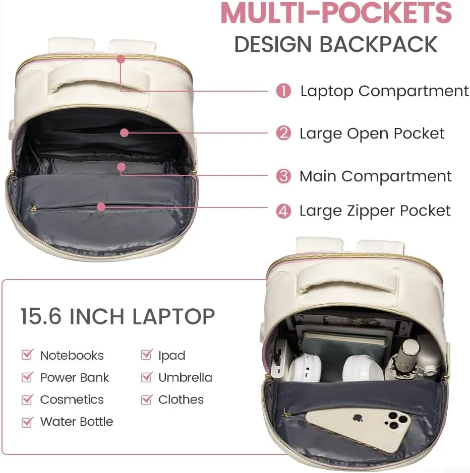 LOVEVOOK Laptop Backpack for Women,15.6 Inch College Travel Work Copmputer Backpack,Backpacks with USB Port,Waterproof Back Pack with Laptop Compartment for Teacher Nurse,White-Pink