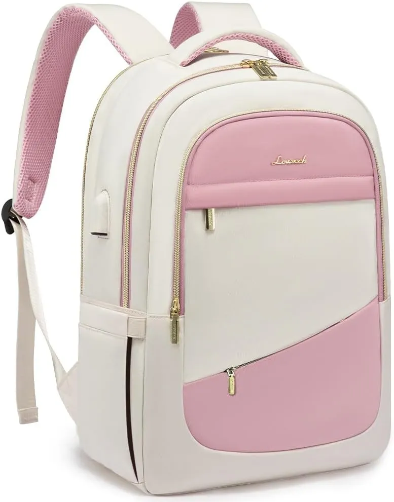 LOVEVOOK Laptop Backpack for Women,15.6 Inch College Travel Work Copmputer Backpack,Backpacks with USB Port,Waterproof Back Pack with Laptop Compartment for Teacher Nurse,White-Pink