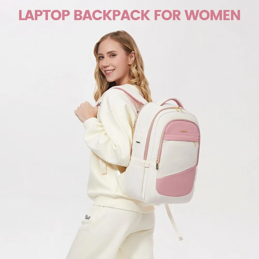 LOVEVOOK Laptop Backpack for Women,15.6 Inch College Travel Work Copmputer Backpack,Backpacks with USB Port,Waterproof Back Pack with Laptop Compartment for Teacher Nurse,White-Pink