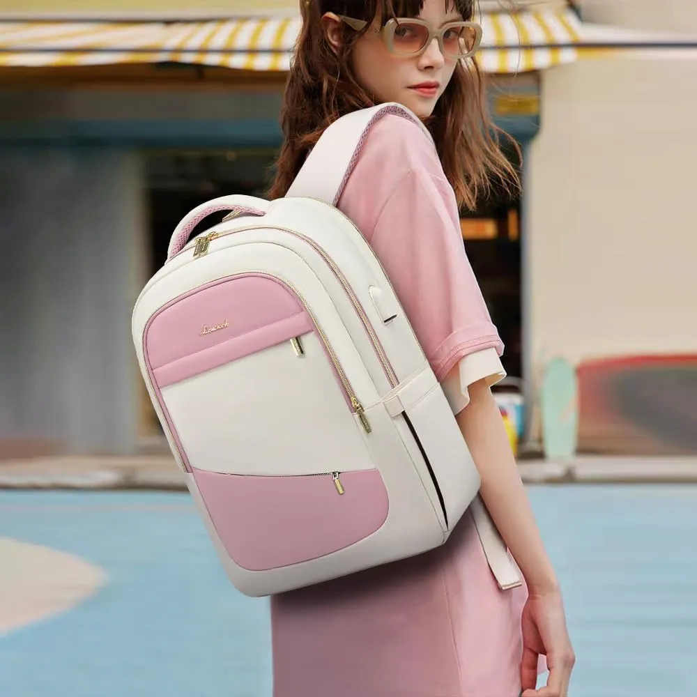 LOVEVOOK Laptop Backpack for Women,15.6 Inch College Travel Work Copmputer Backpack,Backpacks with USB Port,Waterproof Back Pack with Laptop Compartment for Teacher Nurse,White-Pink