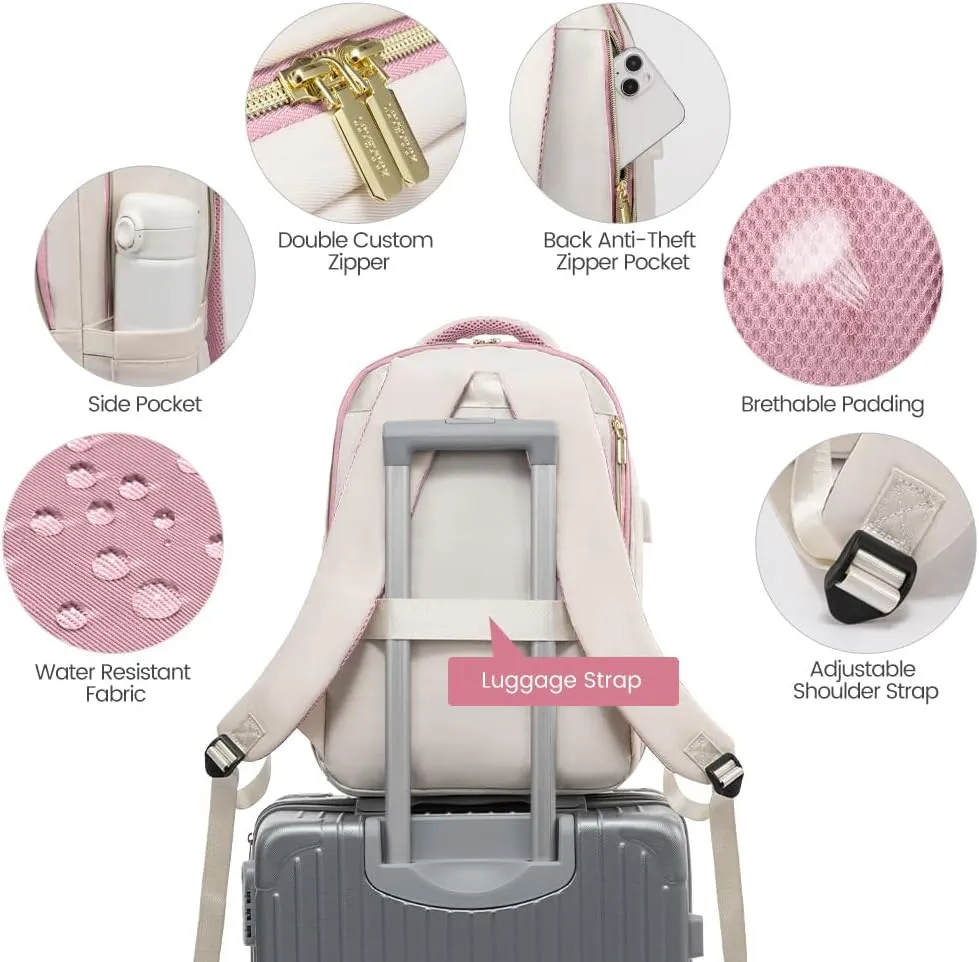 LOVEVOOK Laptop Backpack for Women,15.6 Inch College Travel Work Copmputer Backpack,Backpacks with USB Port,Waterproof Back Pack with Laptop Compartment for Teacher Nurse,White-Pink
