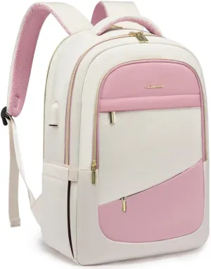 LOVEVOOK Laptop Backpack for Women,15.6 Inch College Travel Work Copmputer Backpack,Backpacks with USB Port,Waterproof Back Pack with Laptop Compartment for Teacher Nurse,White-Pink