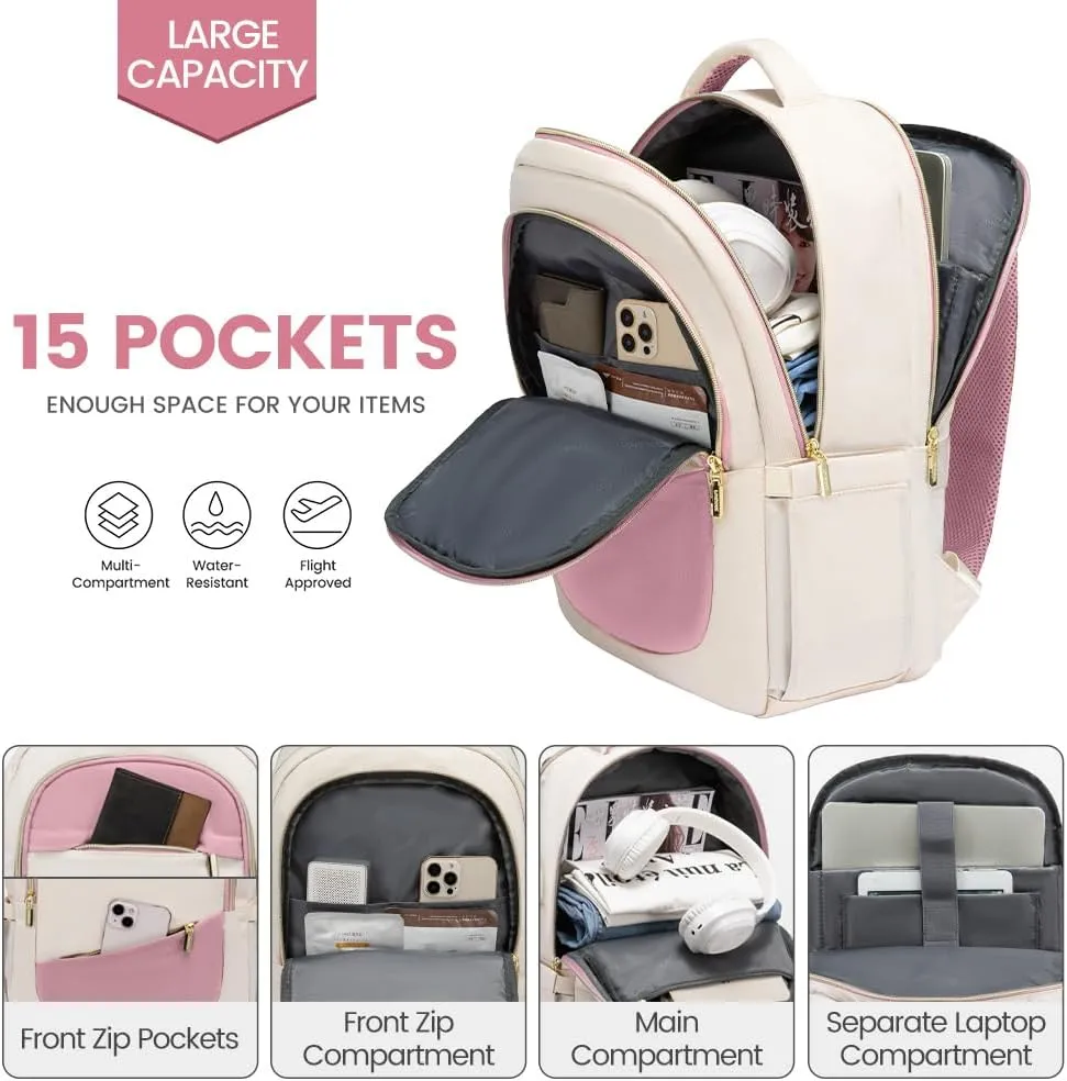 LOVEVOOK Laptop Backpack for Women,15.6 Inch College Travel Work Copmputer Backpack,Backpacks with USB Port,Waterproof Back Pack with Laptop Compartment for Teacher Nurse,White-Pink