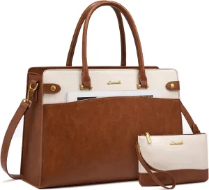LOVEVOOK Laptop Bag for Women, Vintage Leather Laptop Tote Bag Work Bags for Women, Waterproof Computer Bag Business Office Briefcase Large Shoulder Handbag Purse, 15.6 Inch, Brown-Beige
