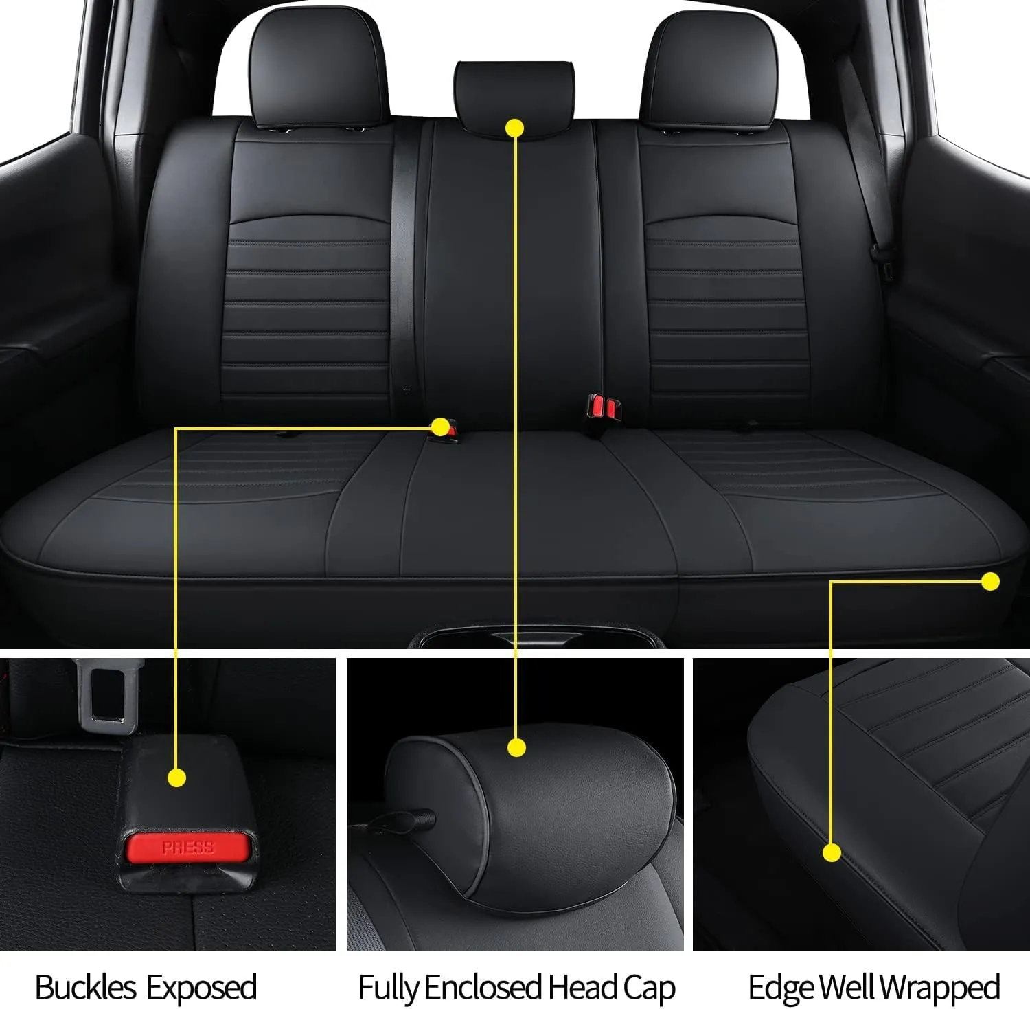 LUCKYMAN Club S08-QE Tacoma Seat Covers, Fit for 2005-2023 Tacoma Crew Cab/Double Cab SR SR5 TRD Sport TRD Off-Road PreRunner with Water Proof Faux Leather(Full Set, Black)