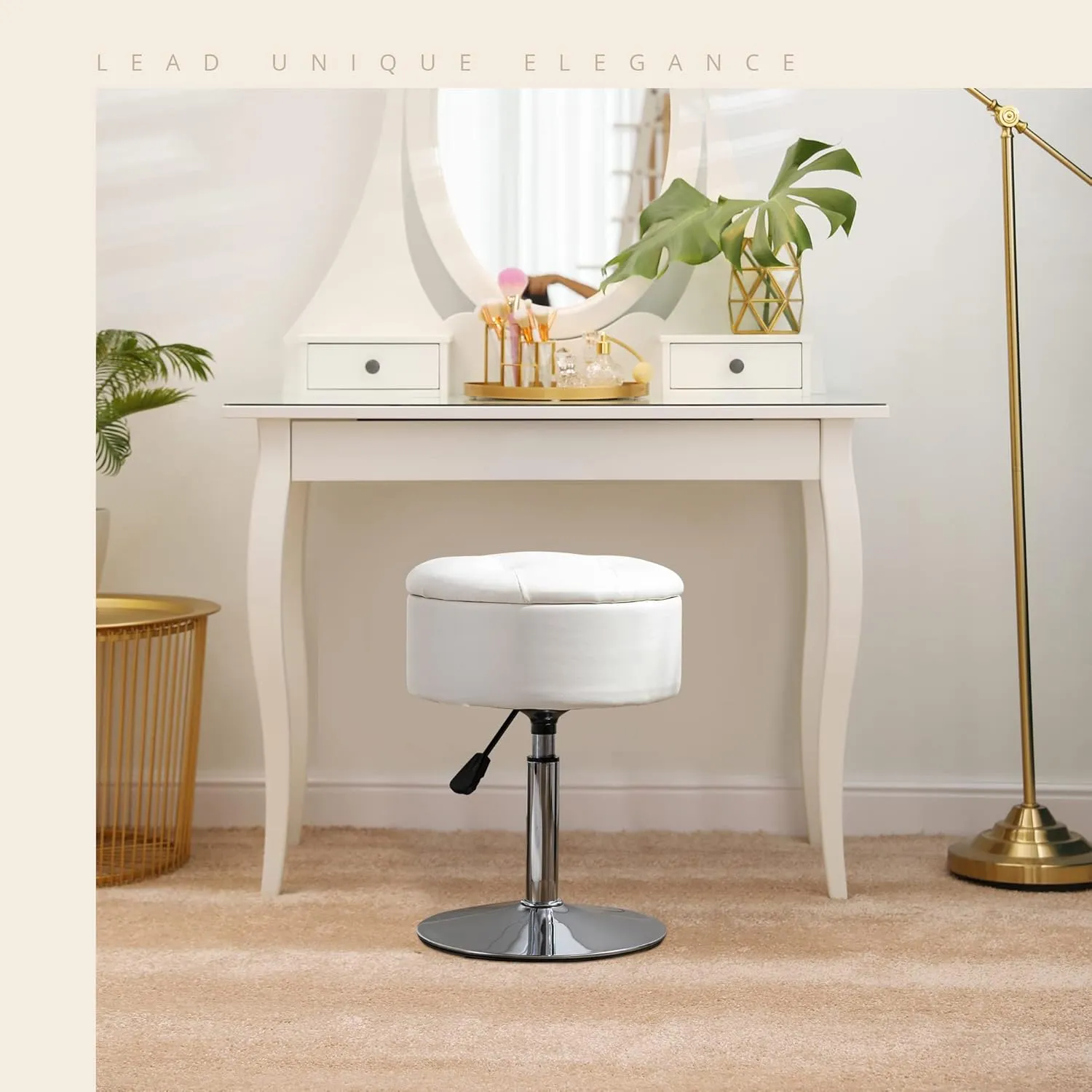 LUE BONA 360°Swivel Vanity Stool Chair for Makeup Room, Height Adjustable Stool for Vanity with Storage, Small White Faux Leather for Bathroom, Living Room