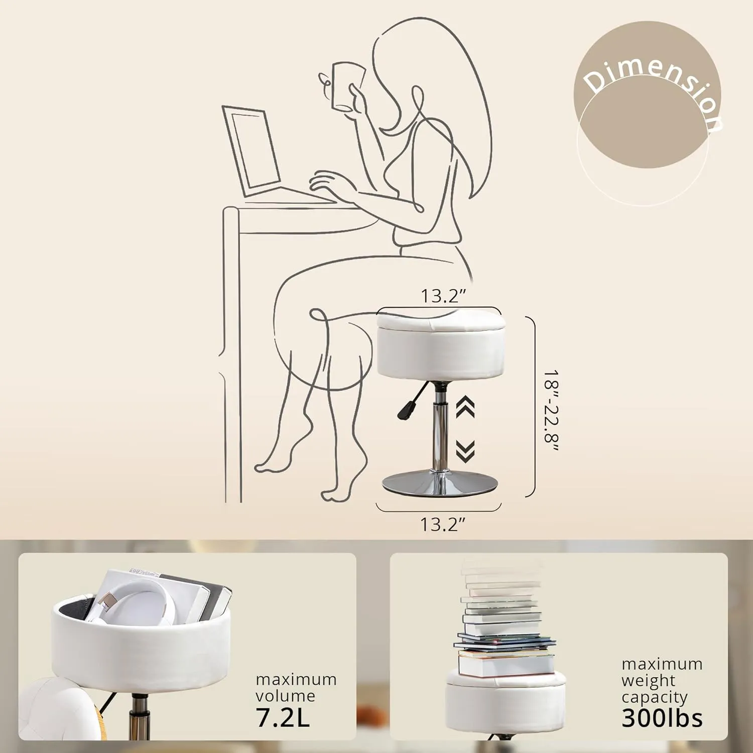 LUE BONA 360°Swivel Vanity Stool Chair for Makeup Room, Height Adjustable Stool for Vanity with Storage, Small White Faux Leather for Bathroom, Living Room