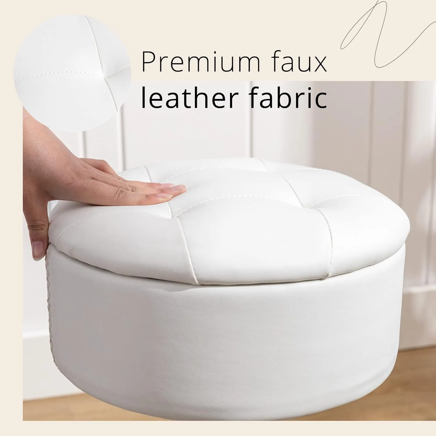 LUE BONA 360°Swivel Vanity Stool Chair for Makeup Room, Height Adjustable Stool for Vanity with Storage, Small White Faux Leather for Bathroom, Living Room