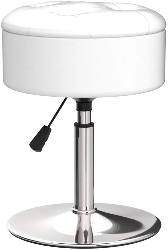 LUE BONA 360°Swivel Vanity Stool Chair for Makeup Room, Height Adjustable Stool for Vanity with Storage, Small White Faux Leather for Bathroom, Living Room
