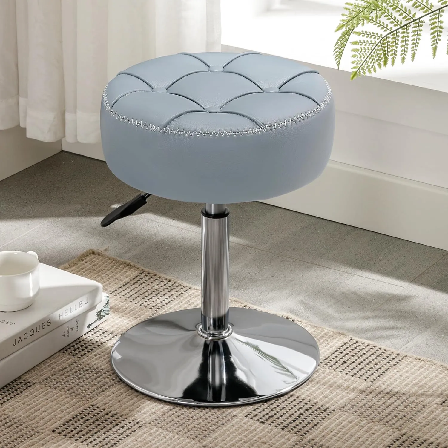 LUE BONA Classic Elegant Velvet Tufted Vanity Stool, 360 Swivel, Height Adjustable (15.8-20.7 inches), Grayish Blue, 300 lbs Weight Capacity