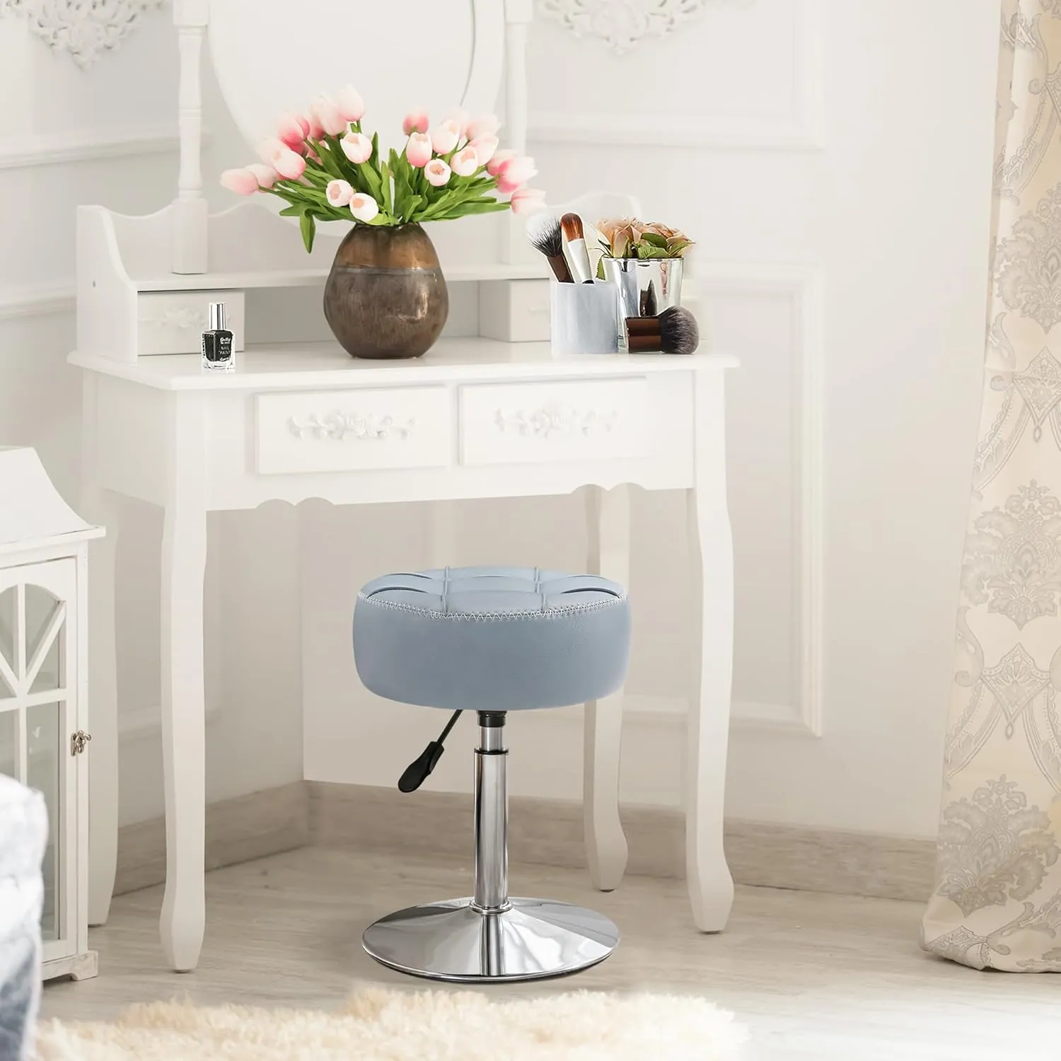 LUE BONA Classic Elegant Velvet Tufted Vanity Stool, 360 Swivel, Height Adjustable (15.8-20.7 inches), Grayish Blue, 300 lbs Weight Capacity