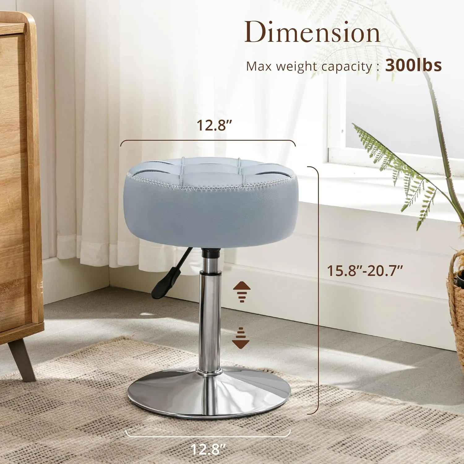 LUE BONA Classic Elegant Velvet Tufted Vanity Stool, 360 Swivel, Height Adjustable (15.8-20.7 inches), Grayish Blue, 300 lbs Weight Capacity