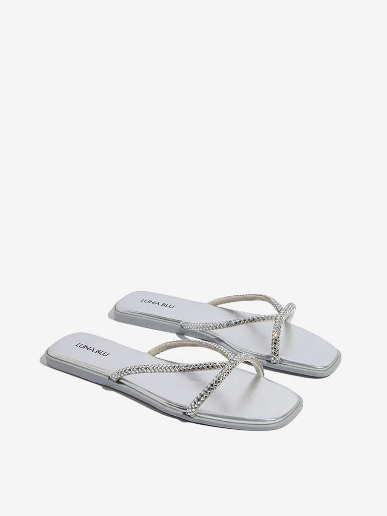 LUNA BLU Silver Diamante Embellished Multi Strap Slides