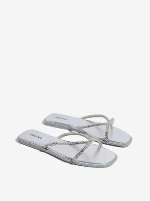 LUNA BLU Silver Diamante Embellished Multi Strap Slides