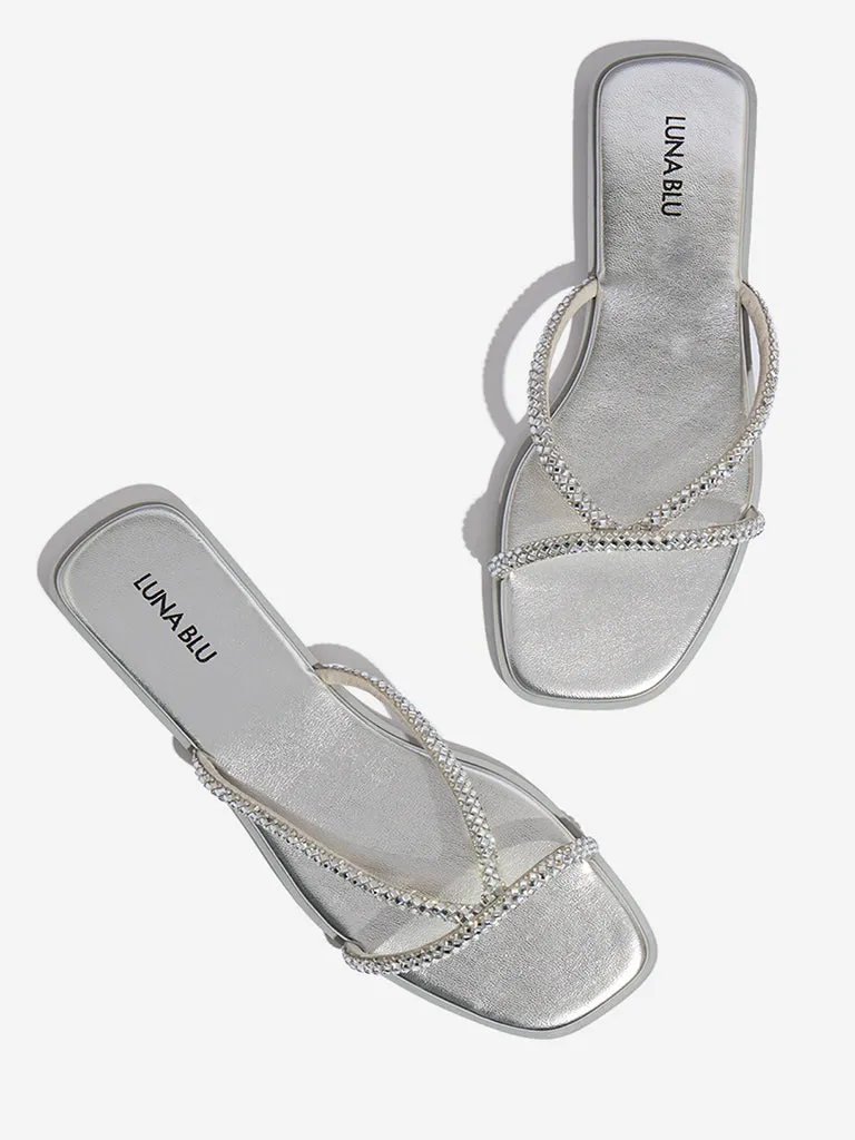 LUNA BLU Silver Diamante Embellished Multi Strap Slides