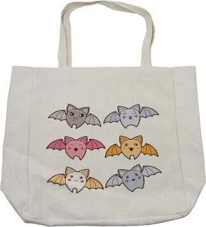 Lunarable Kawaii Shopping Bag, Cartoon Bats with Many Different Expressions Angry Happy and Excited Animals, Eco-Friendly Reusable Bag for Groceries Beach and More, 15.5" X 14.5", Cream