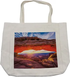 Lunarable National Park Shopping Bag, Archway Curvature Immense Bedrock Sun Rays Sliding the Arch Glistening, Eco-Friendly Reusable Bag for Groceries Beach and More, 15.5" X 14.5", Cream