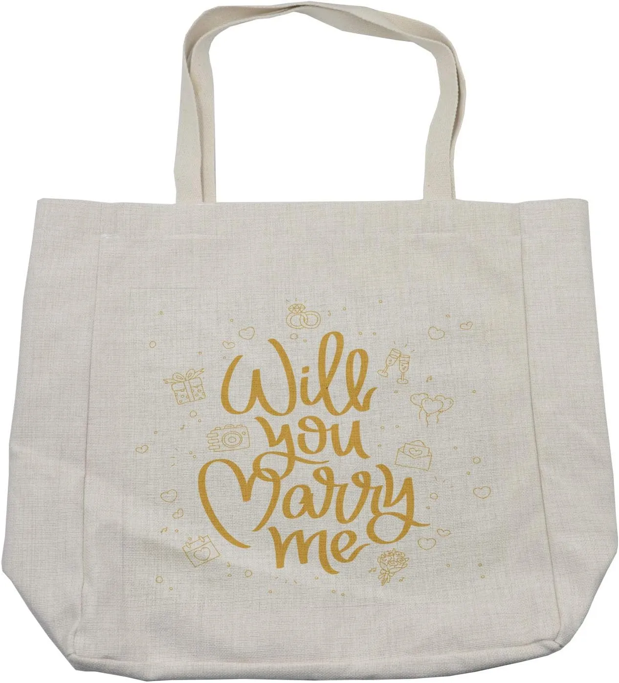 Lunarable You and Me Shopping Bag, Will You Marry Me Calligraphy with Gift Boxes Wedding Engagement Doodle, Eco-Friendly Reusable Bag for Groceries Beach and More, 15.5" X 14.5", Cream