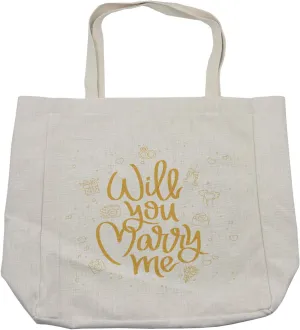 Lunarable You and Me Shopping Bag, Will You Marry Me Calligraphy with Gift Boxes Wedding Engagement Doodle, Eco-Friendly Reusable Bag for Groceries Beach and More, 15.5" X 14.5", Cream