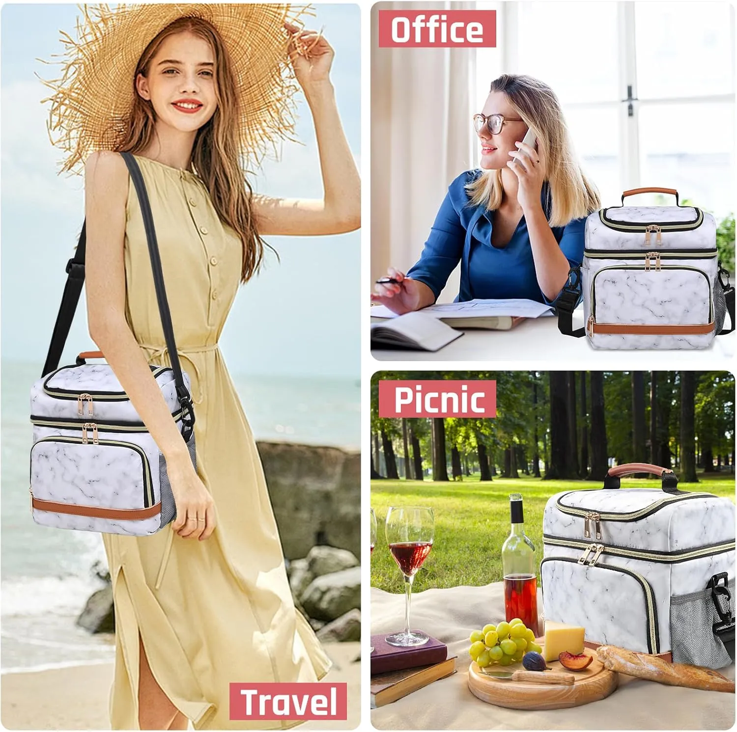Lunch Bag for Women, Leakproof Insulated Soft Adult Lunch Tote Cooler Bag Box With Adjustable Shoulder Strap for Office & Picnic (White Marble, 11L)