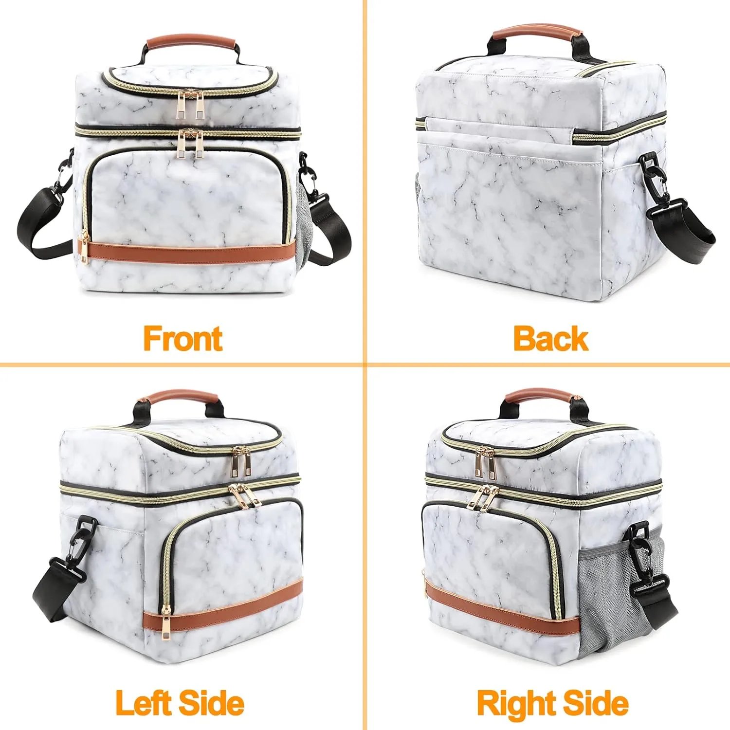 Lunch Bag for Women, Leakproof Insulated Soft Adult Lunch Tote Cooler Bag Box With Adjustable Shoulder Strap for Office & Picnic (White Marble, 11L)