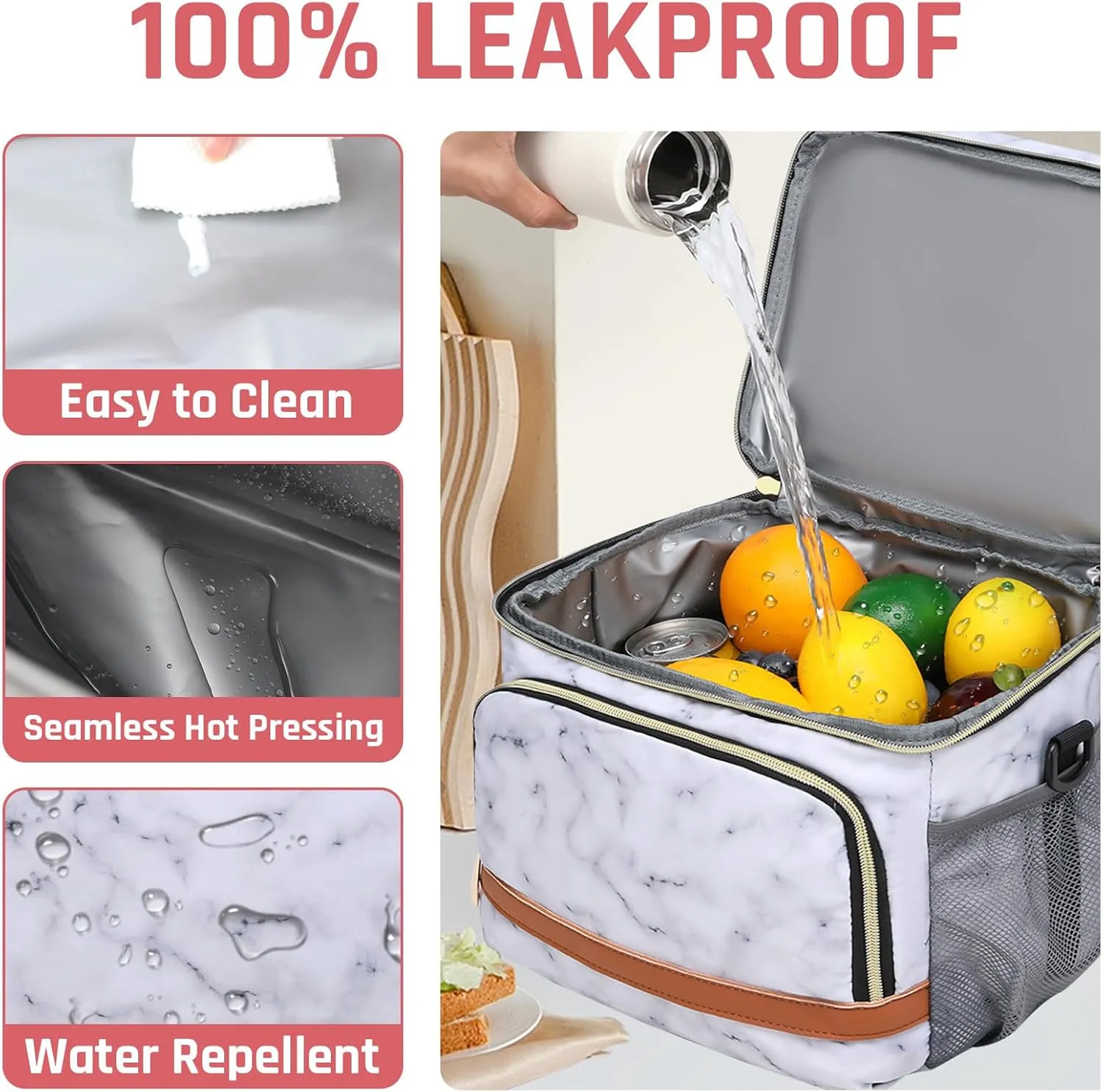 Lunch Bag for Women, Leakproof Insulated Soft Adult Lunch Tote Cooler Bag Box With Adjustable Shoulder Strap for Office & Picnic (White Marble, 11L)