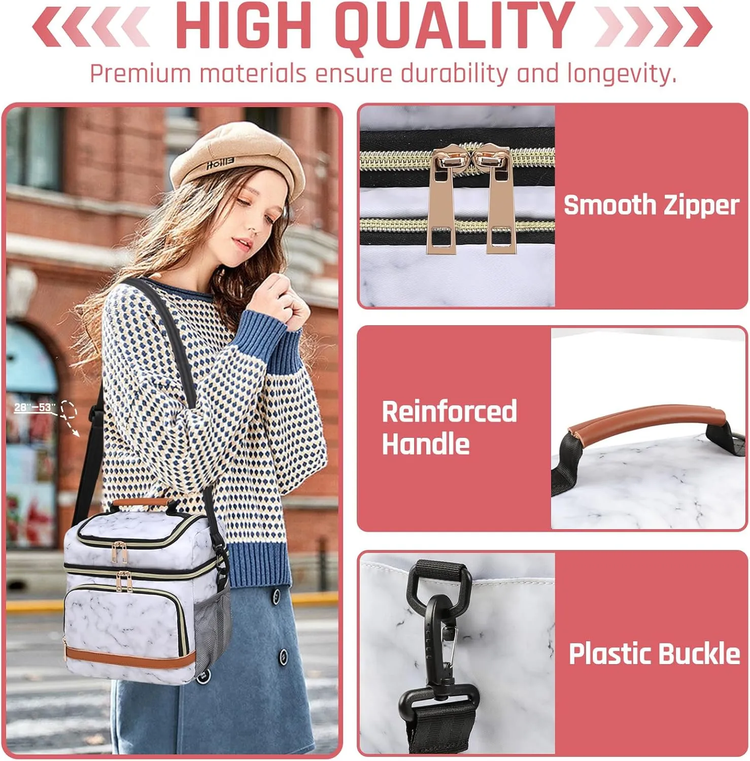 Lunch Bag for Women, Leakproof Insulated Soft Adult Lunch Tote Cooler Bag Box With Adjustable Shoulder Strap for Office & Picnic (White Marble, 11L)