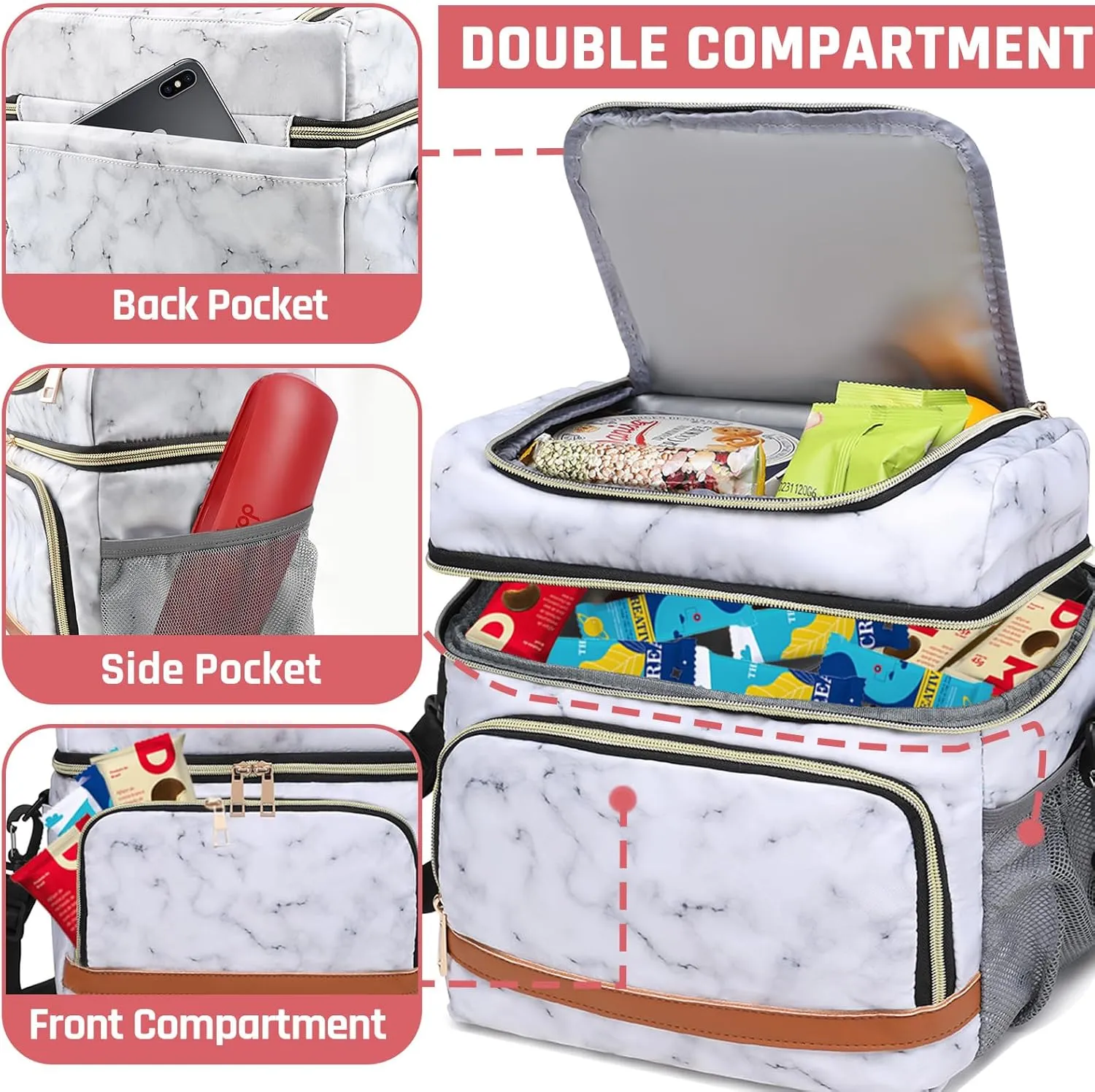 Lunch Bag for Women, Leakproof Insulated Soft Adult Lunch Tote Cooler Bag Box With Adjustable Shoulder Strap for Office & Picnic (White Marble, 11L)