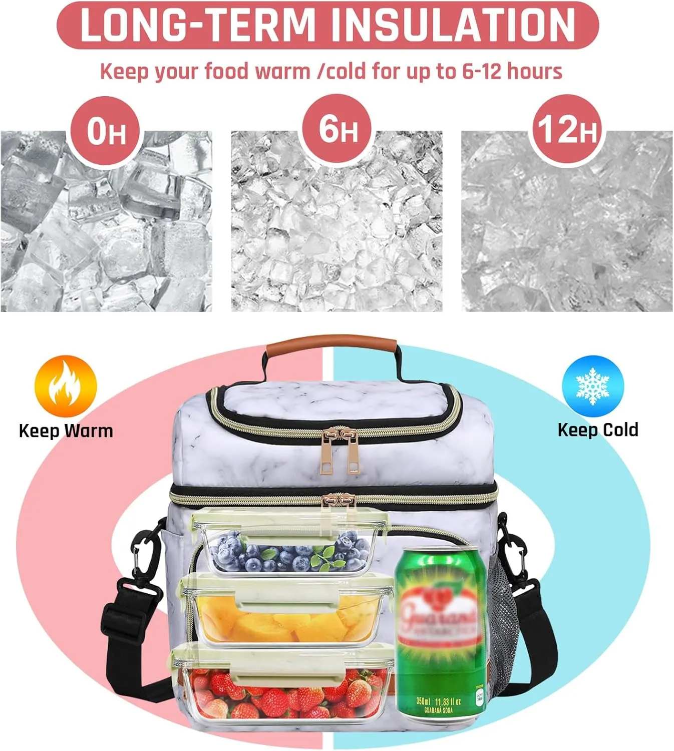 Lunch Bag for Women, Leakproof Insulated Soft Adult Lunch Tote Cooler Bag Box With Adjustable Shoulder Strap for Office & Picnic (White Marble, 11L)