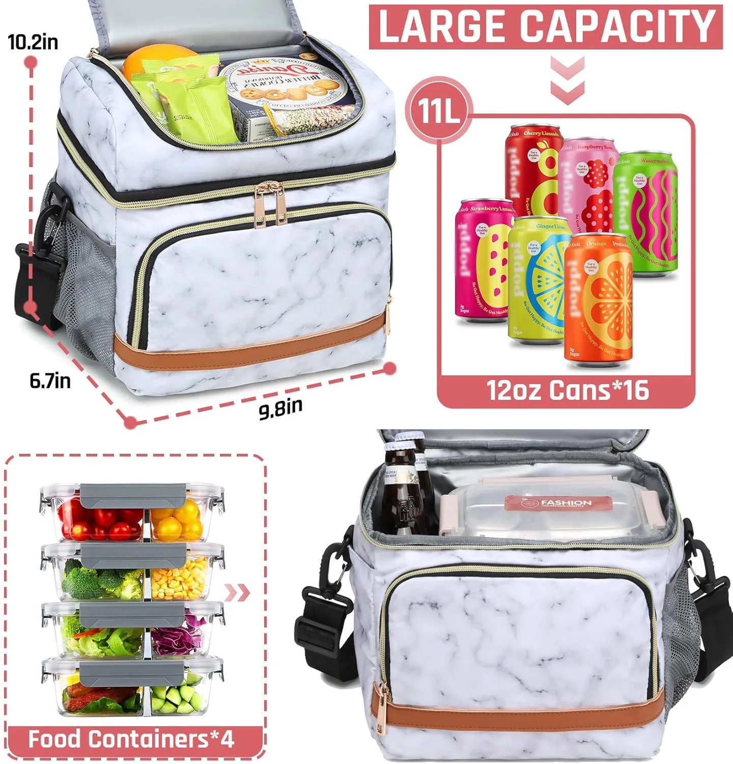 Lunch Bag for Women, Leakproof Insulated Soft Adult Lunch Tote Cooler Bag Box With Adjustable Shoulder Strap for Office & Picnic (White Marble, 11L)
