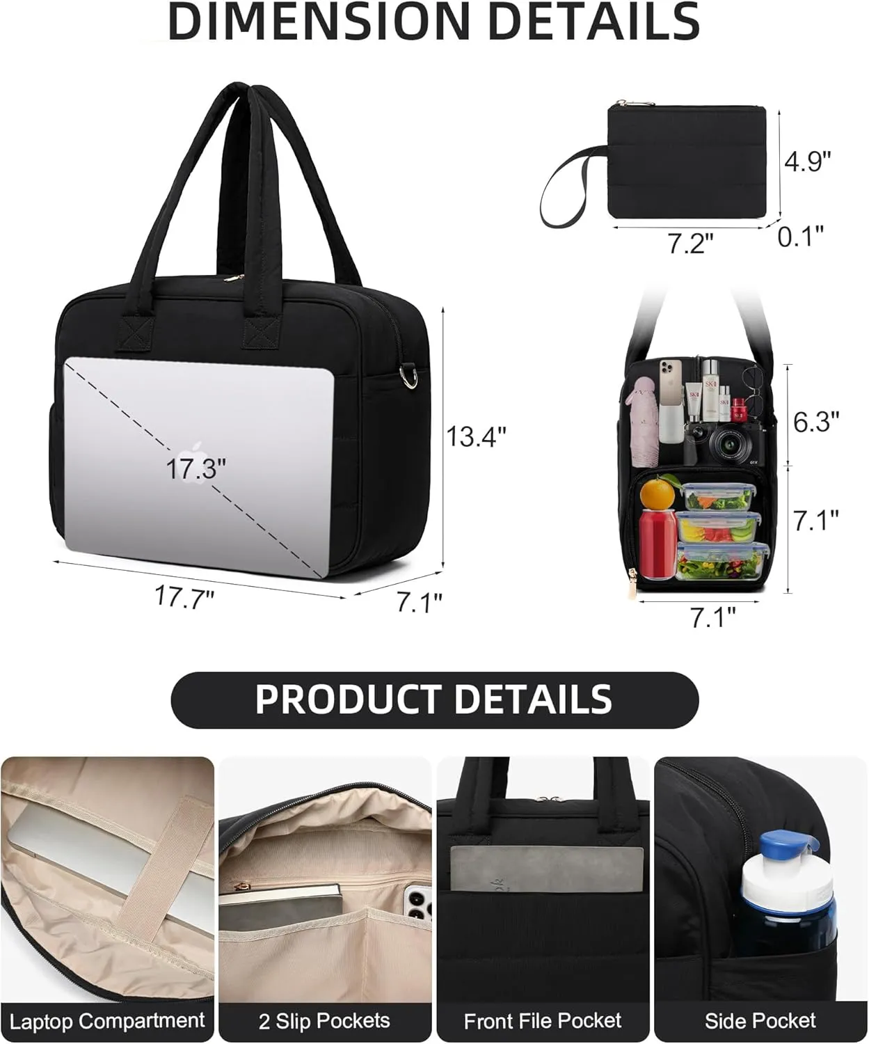 Lunch Tote Bag for Women Work, 17.3 Inch Laptop Purse with Insulated Lunch Compartment Coin Wallet for Meal, Large Puffy Quilted Travel Duffle Bag Black