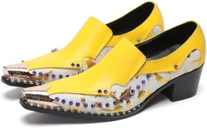 Luxury Italian Oxford Leather Shoes Brogue Fashion Slip On Pointed Toe Loafers Leather Studs Decoration Two Tone Block Heel Shoes